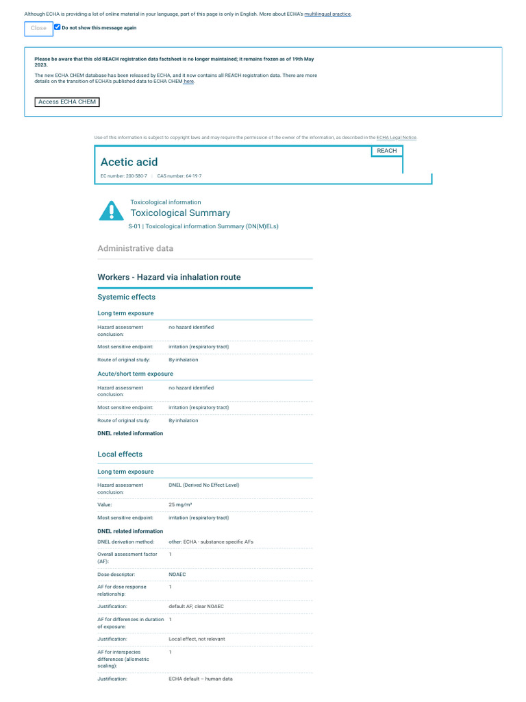 ECHA Acetic Acid Hazard Assessment Report | PDF | Toxicity | Hazards