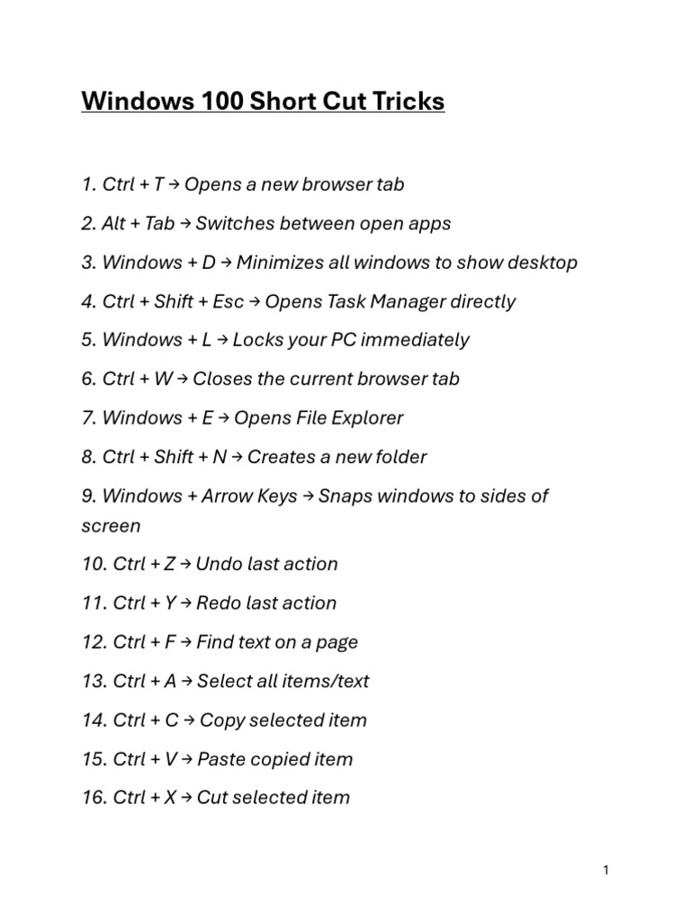 Windows 100 Short Cut Tricks | PDF | Microsoft Windows | Software