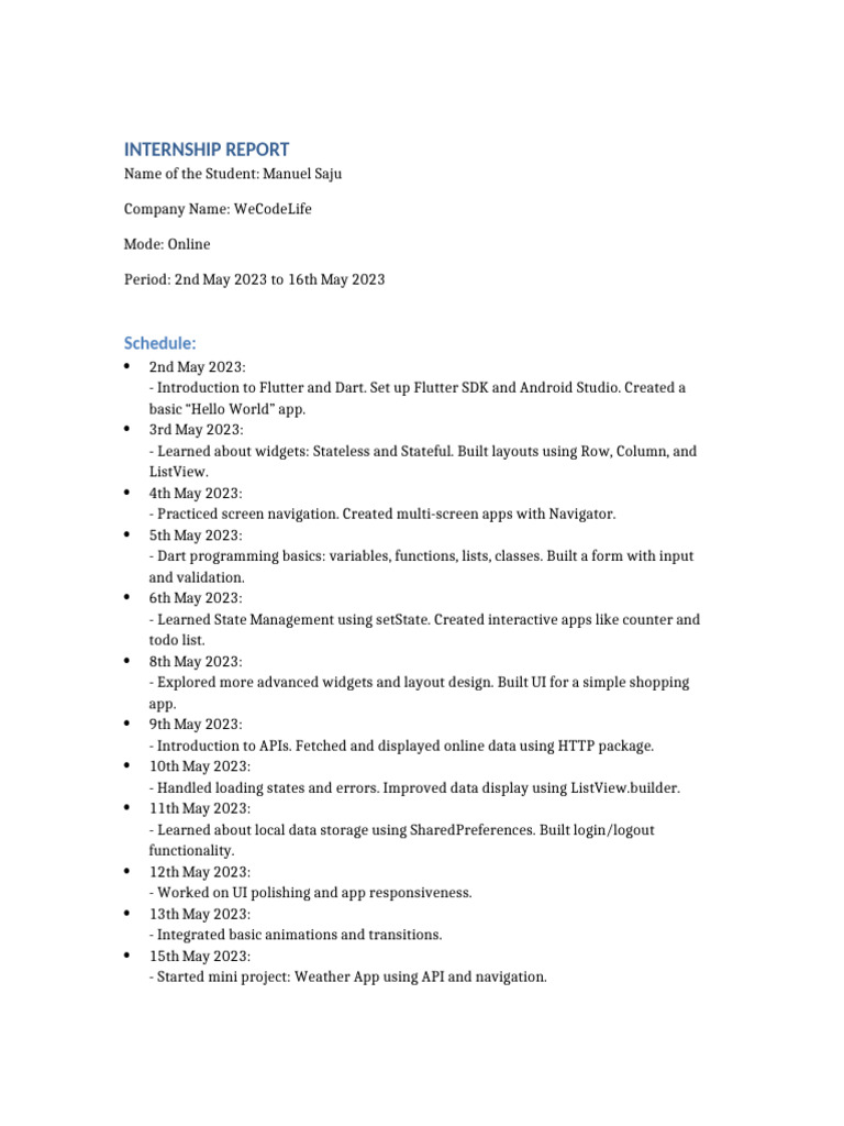 Flutter Internship Report Manuel May2023 With Certificate | PDF