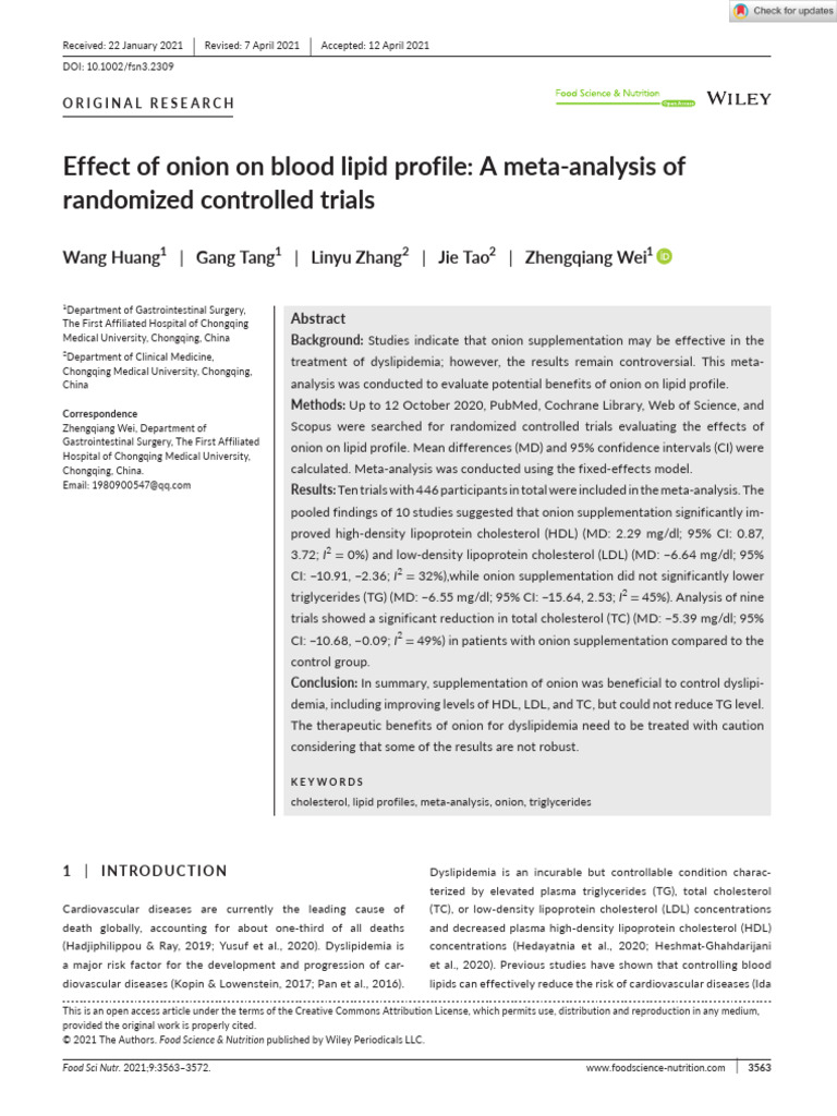Food Science Nutrition - 2021 - Huang - Effect of Onion On Blood Lipid ...