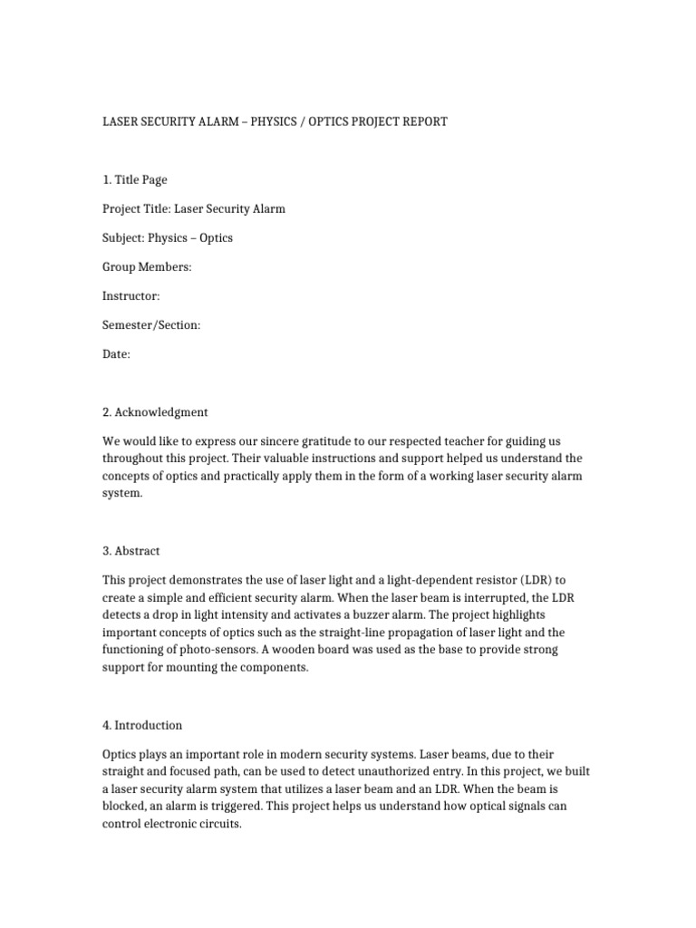 Laser Security Alarm Project Report | PDF | Laser | Security Alarm