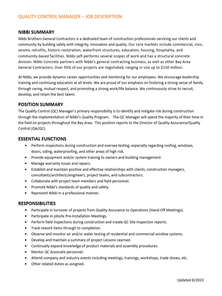 Quality Control Manager Job Description | PDF | Quality Assurance ...