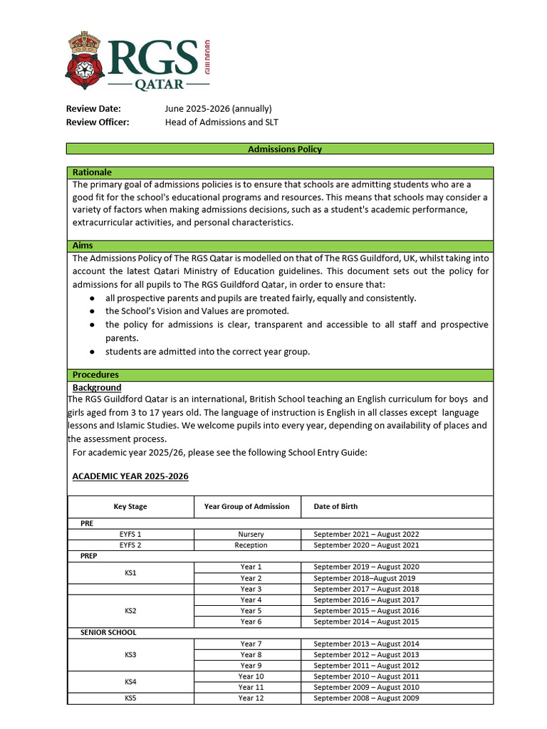 Whole School Admissions Policy 2025 2026 | PDF | Preschool | Curriculum