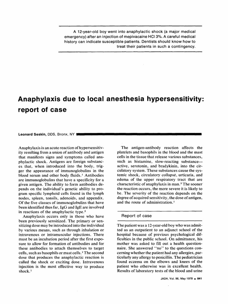 Anaphylaxis from Mepivacaine Injection | PDF | Allergy | Antibody