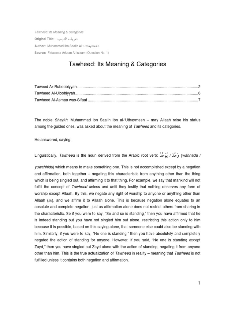 Tawheed Its Meaning Categories Pdf Tawhid Monotheism
