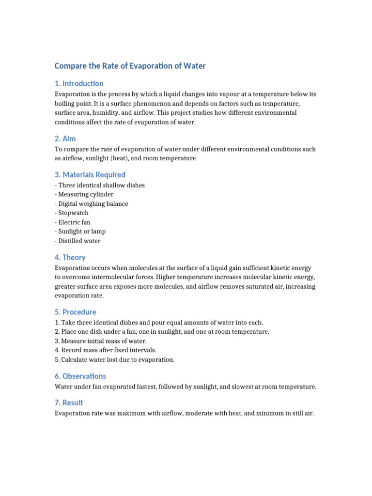 Evaporation Rate of Water Experiment | PDF