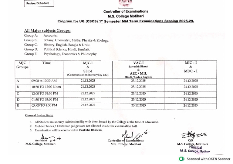Revised Schedule Mid Term Examination 1st Sem 2025-29 | PDF
