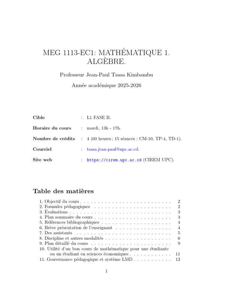 Prof Tsasa # Syllabus Math 1 L1 FASE B - UPC 2025-2026 | PDF ...