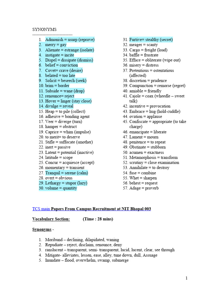 Comprehensive List of Synonyms and Antonyms | PDF
