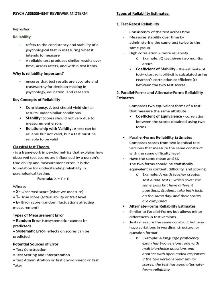 Psych Assessment Reliability & Validity Guide | PDF | Wechsler Adult ...