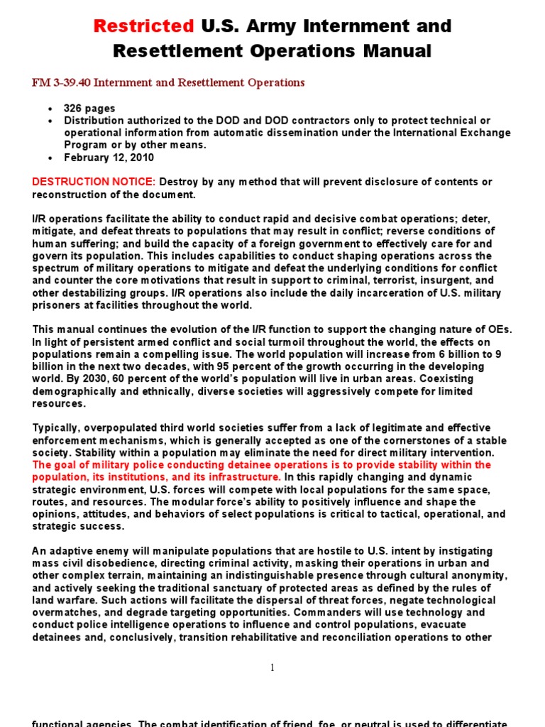 U.S. Army Internment Operations Manual | PDF | Civilian | Refugee