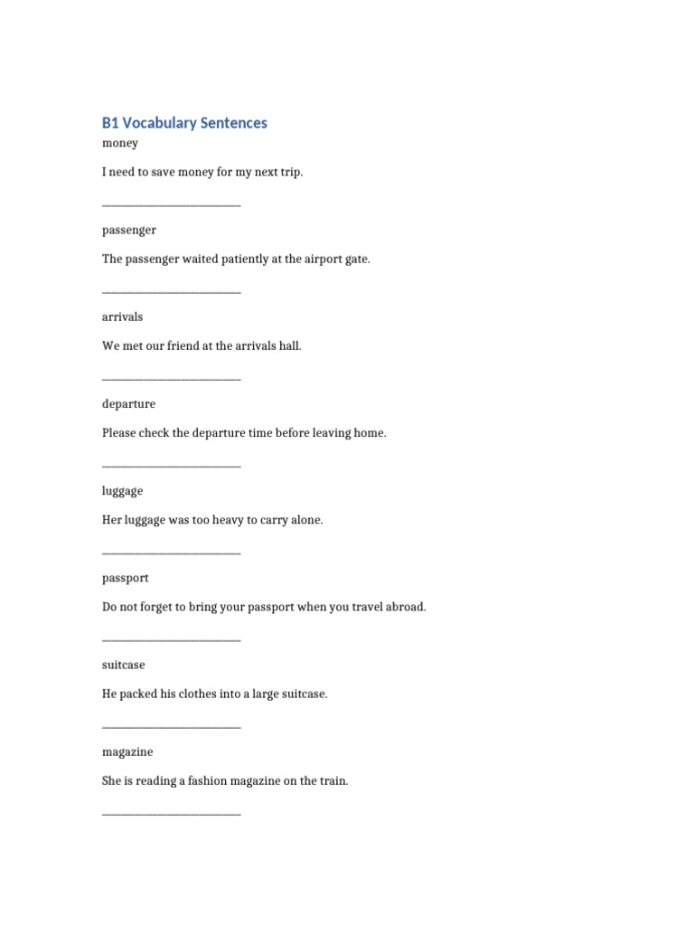 B1 Vocabulary Sentences for Travel and Media | PDF