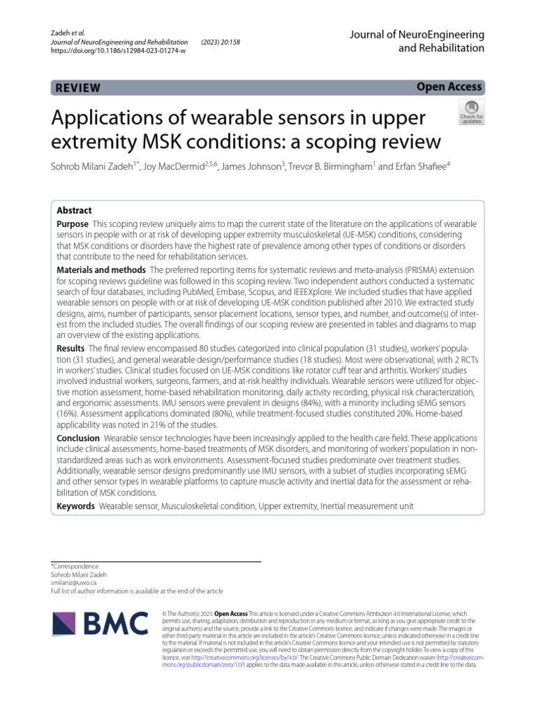 Applications of Wearable Sensors in Upper Extremity MSK Conditions: A ...