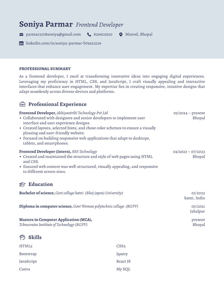 Frontend Developer Resume - Soniya Parmar | PDF | Cyberspace | Internet