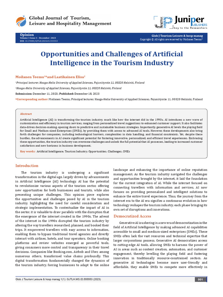 Opportunities and Challenges of Artificial Intelligence in The Tourism ...