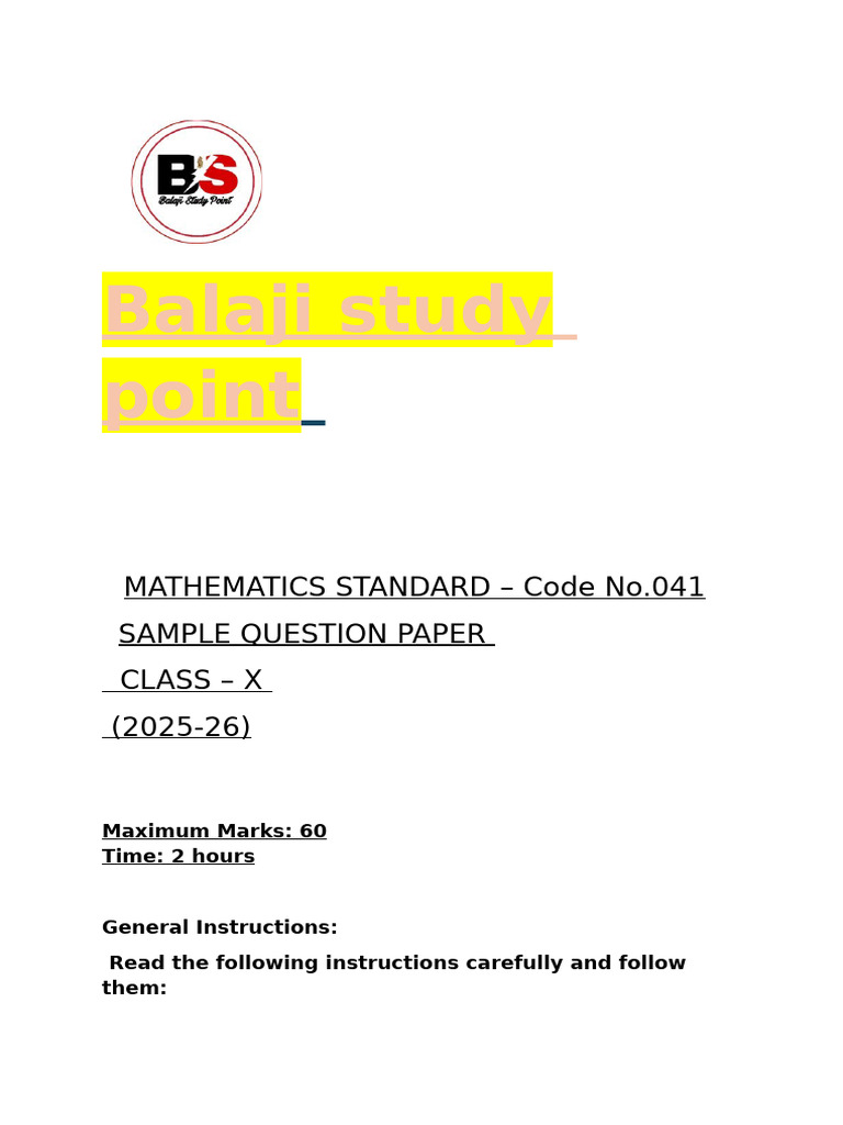 Class X Mathematics Sample Paper 2025-26 | PDF