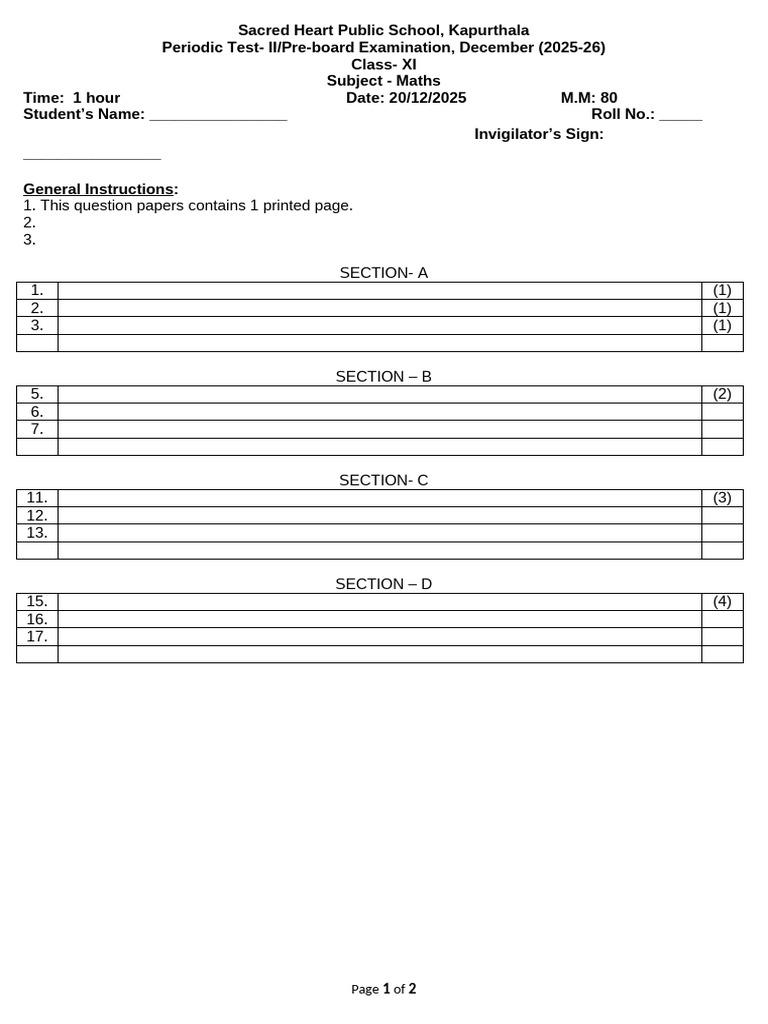 Class XI Maths Exam Paper December 2025 | PDF