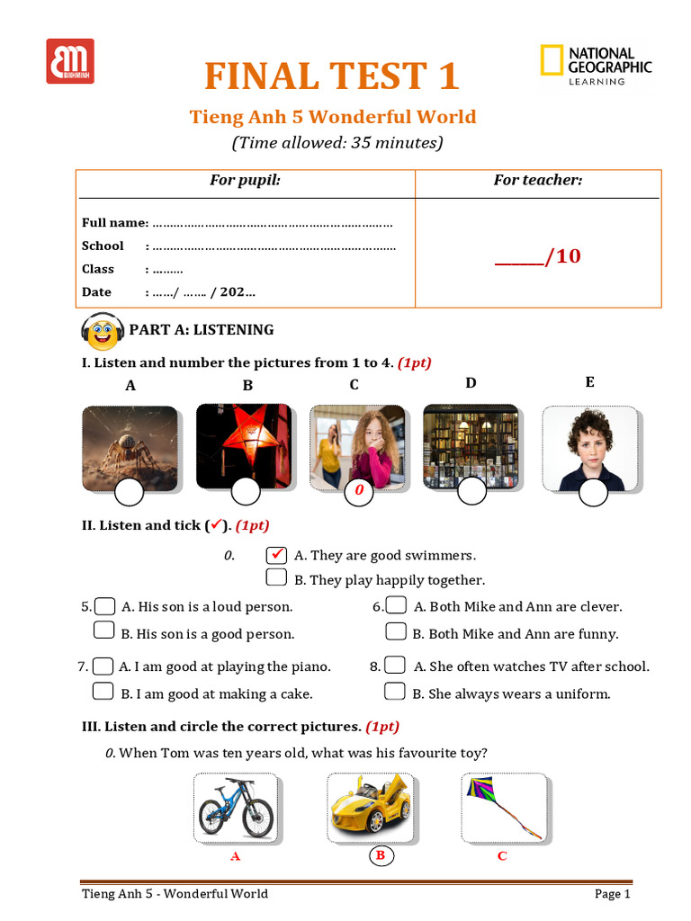 Final Test for Tieng Anh 5 Students | PDF