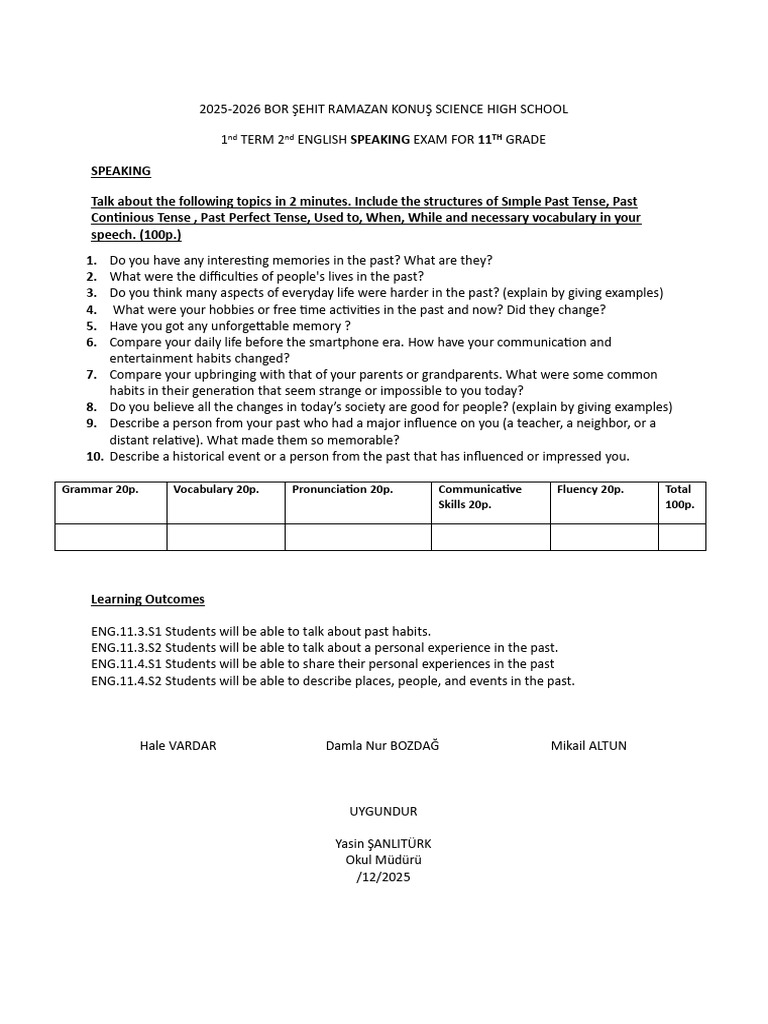 11th Grade English Speaking Exam Guide | PDF