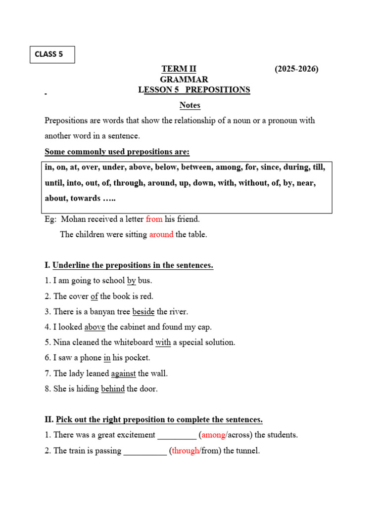 Prepositions Lesson for Class 5 | PDF