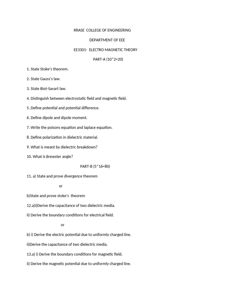 EE3301 Electromagnetic Theory Exam Guide | PDF