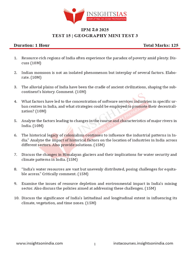 Geography Mini Test 3 - IPM 2025 | PDF