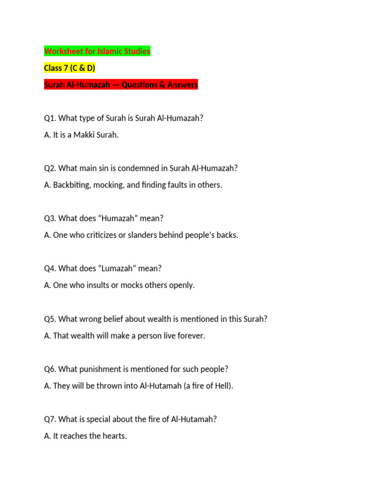 Class 7 Islamic Studies Worksheet: Surahs | PDF | Surah | Religious ...