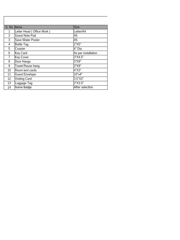 Guest Collateral Item Specifications | PDF