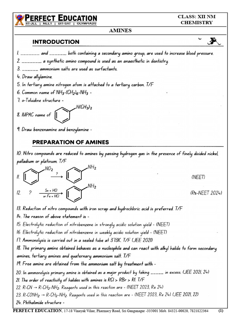 Chemistry Class XII: Amines Guide | PDF