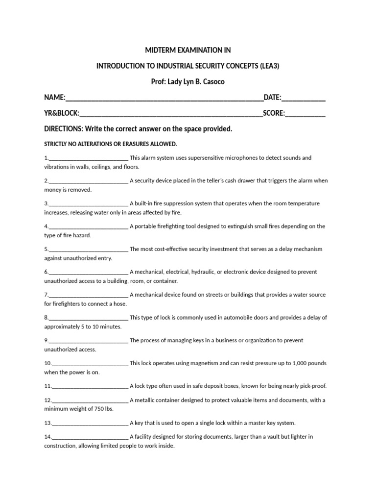 Industrial Security Midterm Exam Guide | PDF | Firefighting | Security ...