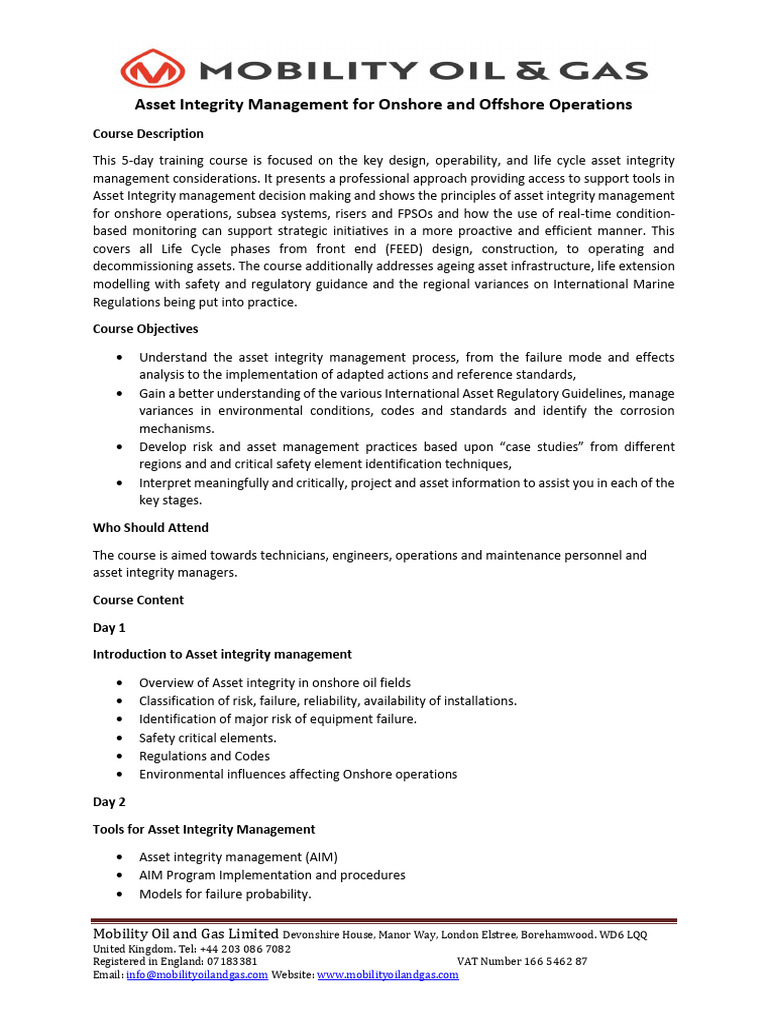 Asset Integrity Management Training Course | PDF | Risk | Reliability ...