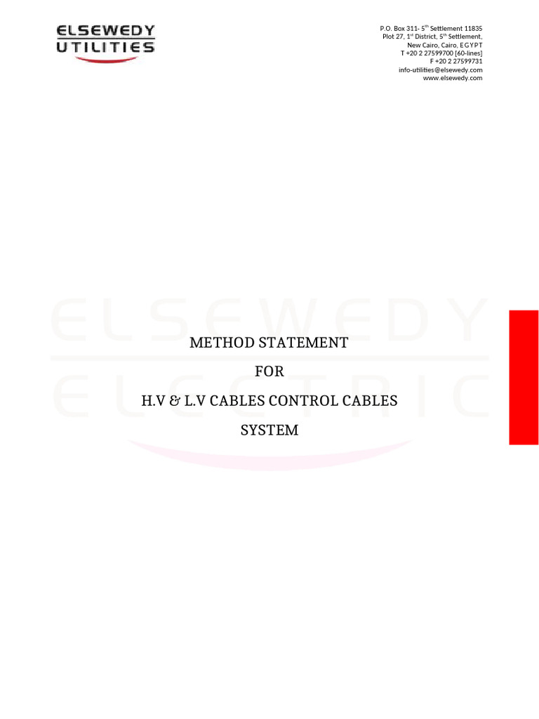 Method Statement for HV & LV Cable Installation | PDF | Electrical ...