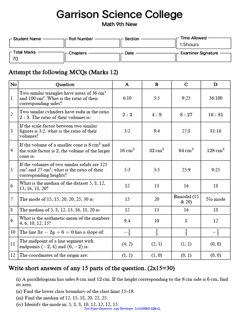 9th Grade Math MCQs and Short Answers | PDF | Area | Triangle