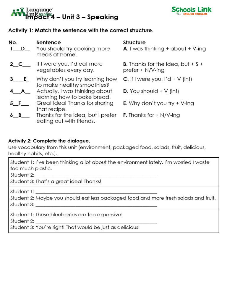 Uploaded - Impact 4 Unit 3 Speaking Homework | PDF