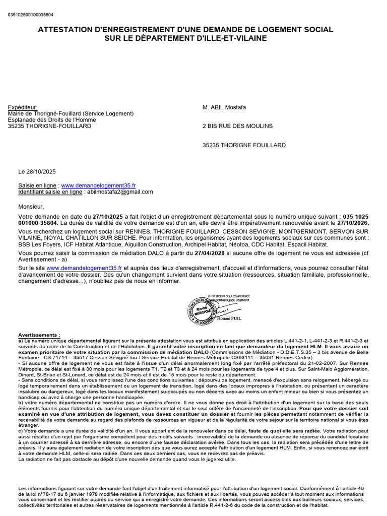 Attestation de demande de logement social | PDF | Logement