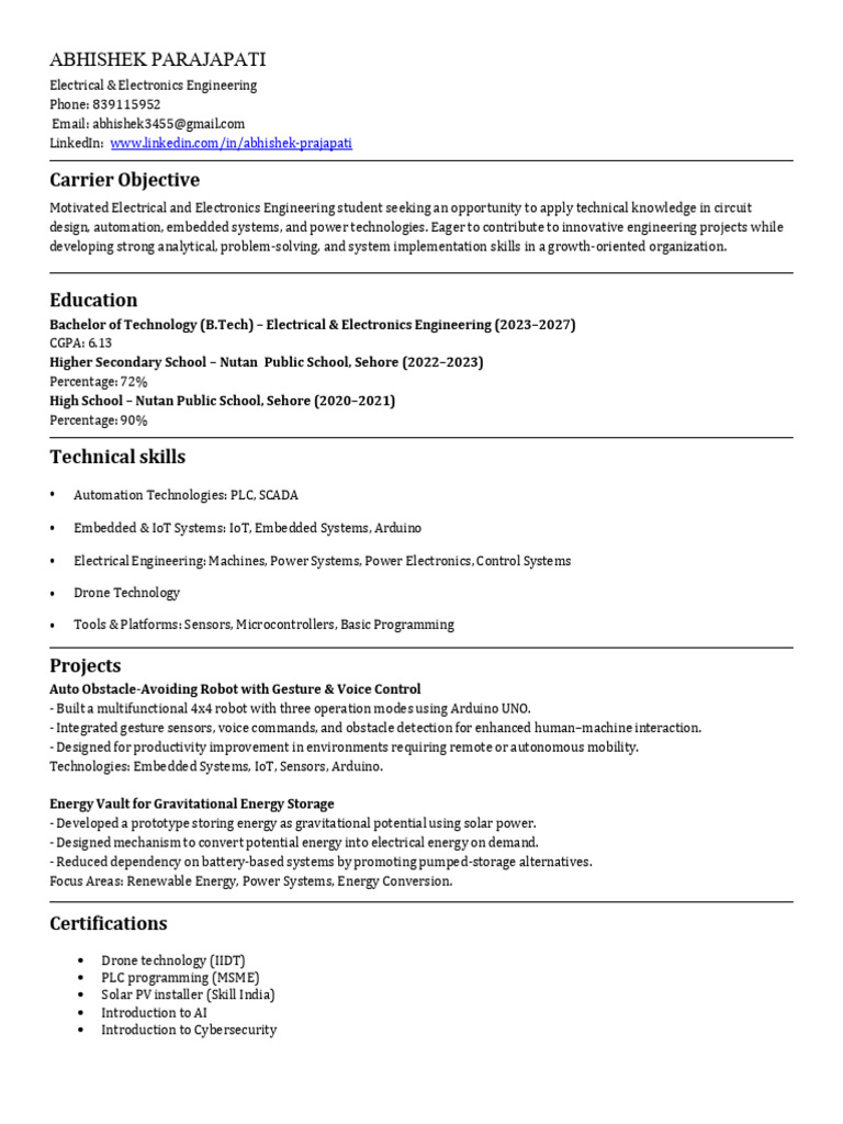 Electrical Engineering Student Profile | PDF