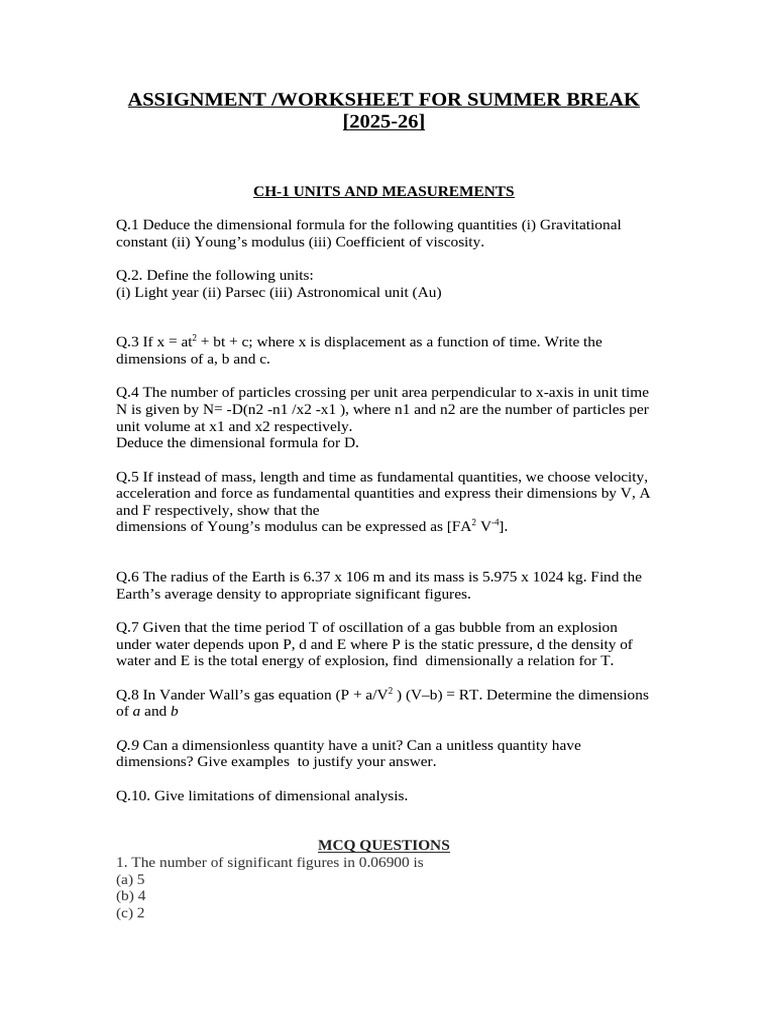 Summer Break Physics Assignment 2025-26 | PDF | Velocity | Acceleration