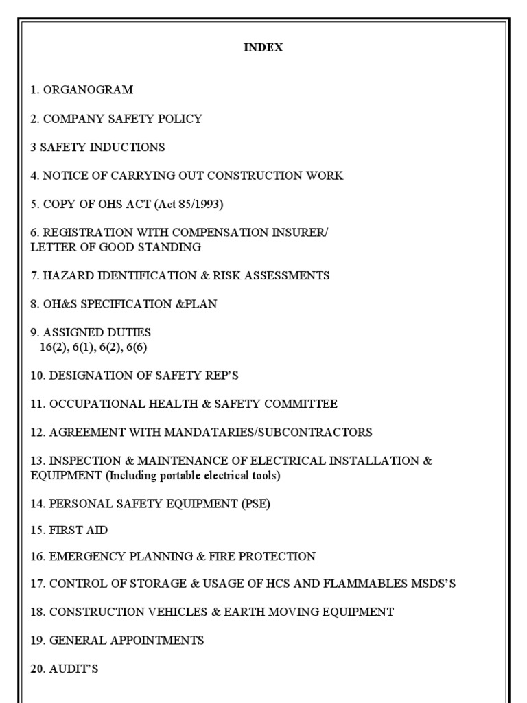 Index. of Safety File Doc Occupational Safety And Health Prevention