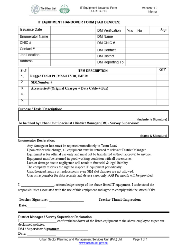Affidavite Uu-Rec-013 It Equipment Handover Form (Tab & Finger Print ...