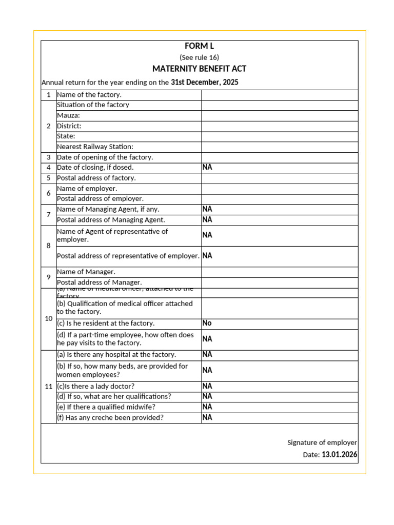 Maternity Benefit Act Form L Details | PDF