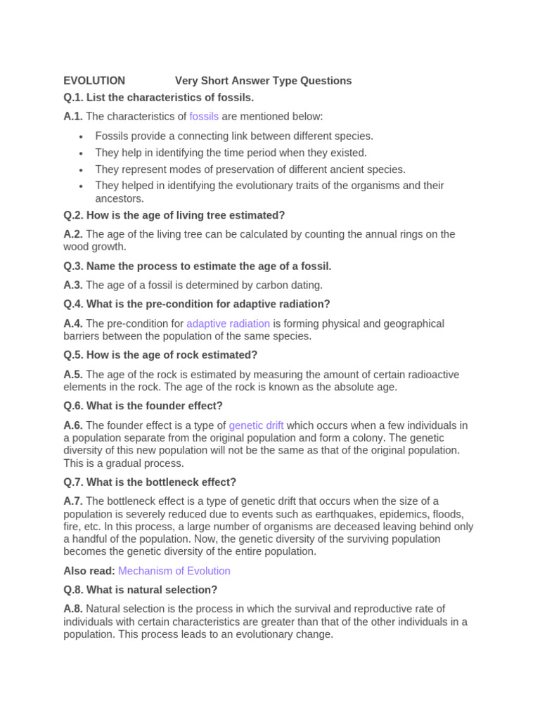 EVOLUTION Very Short Answer Type Questions | PDF | Evolution | Natural ...
