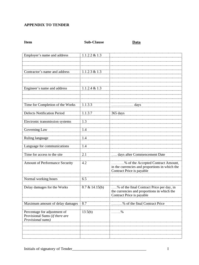 Tender Appendix Details and Requirements | PDF | Insurance | Business Law
