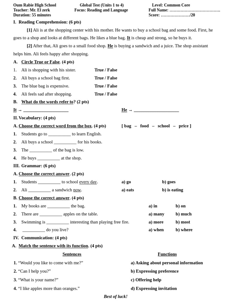 Global Test CC S1 For SNSs (Adapted) | PDF | Communication | Learning
