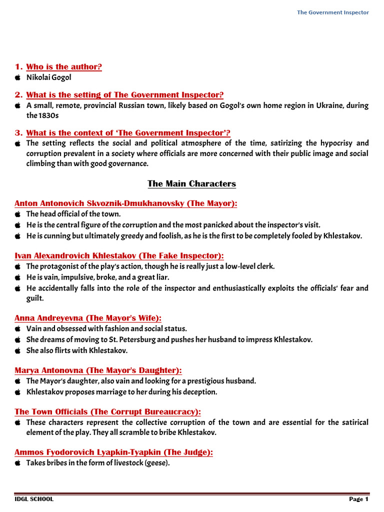Overview of Gogol's The Government Inspector | PDF | Plays