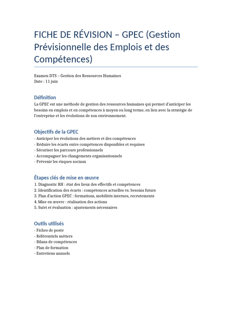 GPEC : Guide de Révision pour DTS RH | PDF