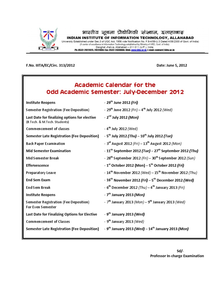 IIITA Odd Semester Academic Calendar | PDF