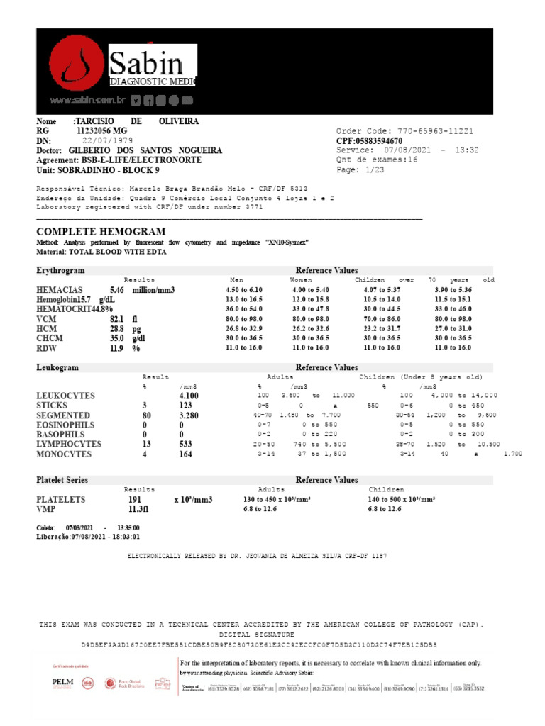 Complete Hemogram: 22/07/1979 Order Code: 770-65963-11221 Service: 07 ...