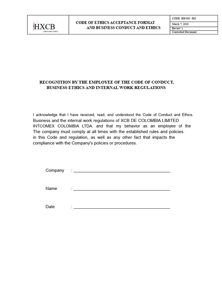 Acceptance Format of Code of Conduct and Business Ethics | PDF