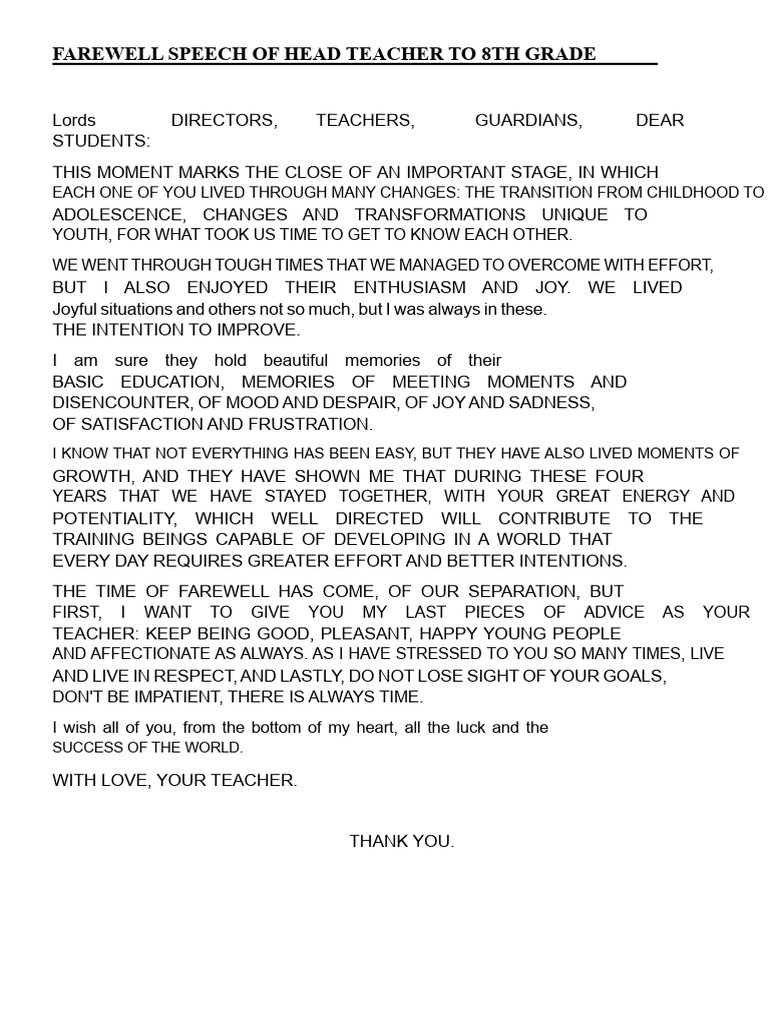 Head Teacher's Farewell to 8th Graders | PDF