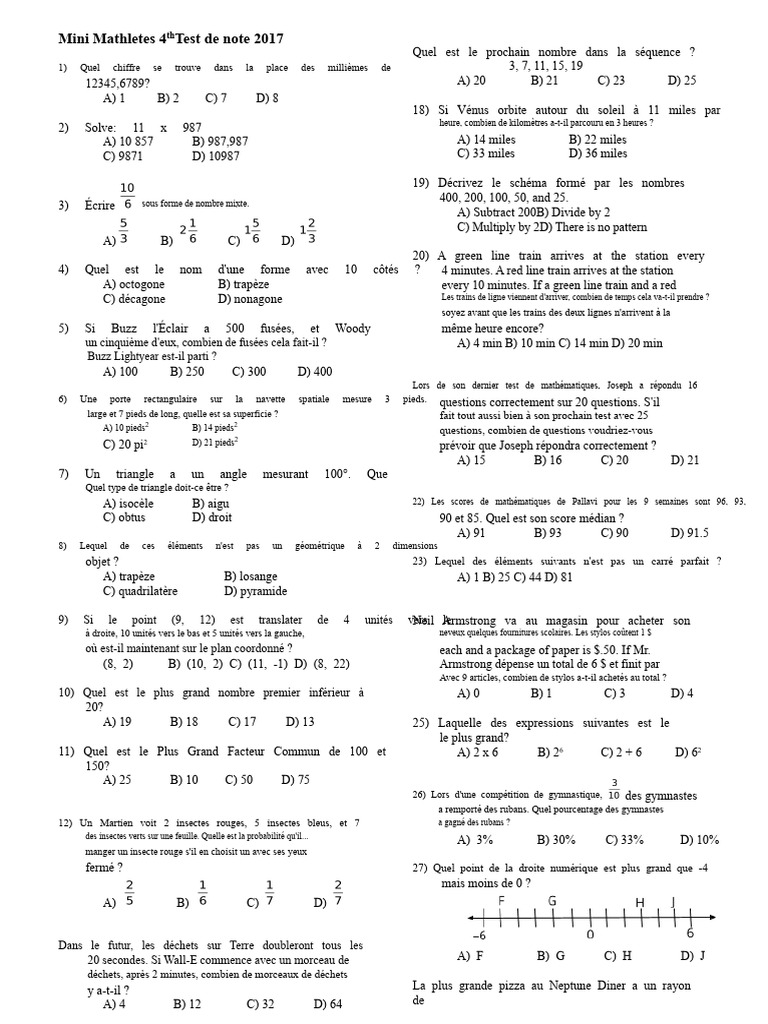 Test de mathématiques Mini Mathletes 2017 | PDF | Mathématiques